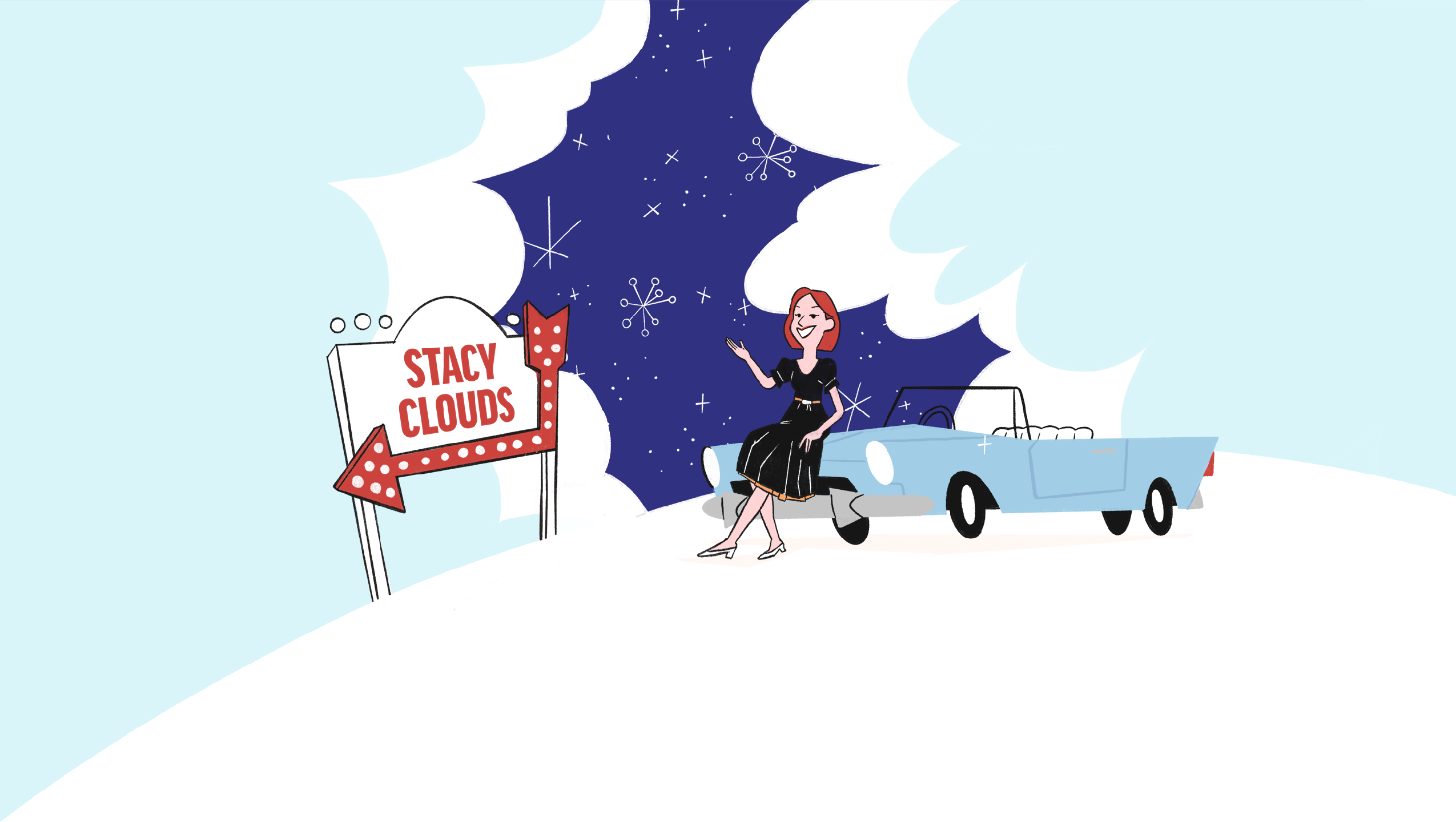Stacy Cashmore – the Redhead in a Swing Dress – beside her sky-blue convertible next to the Stacy Clouds marquee sign
